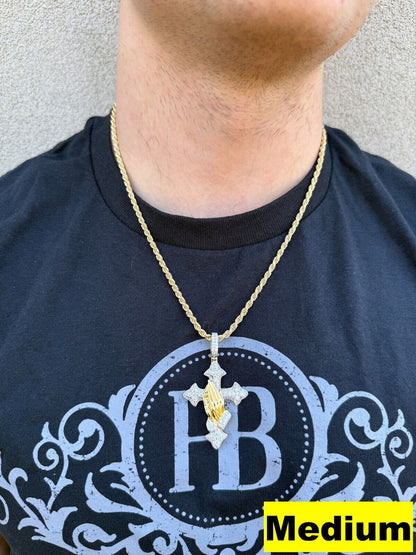 MOISSANITE Cross & Praying Hands Pendant - 14k Gold Vermeil 925 Silver - 3 Sizes 1.5"-3"