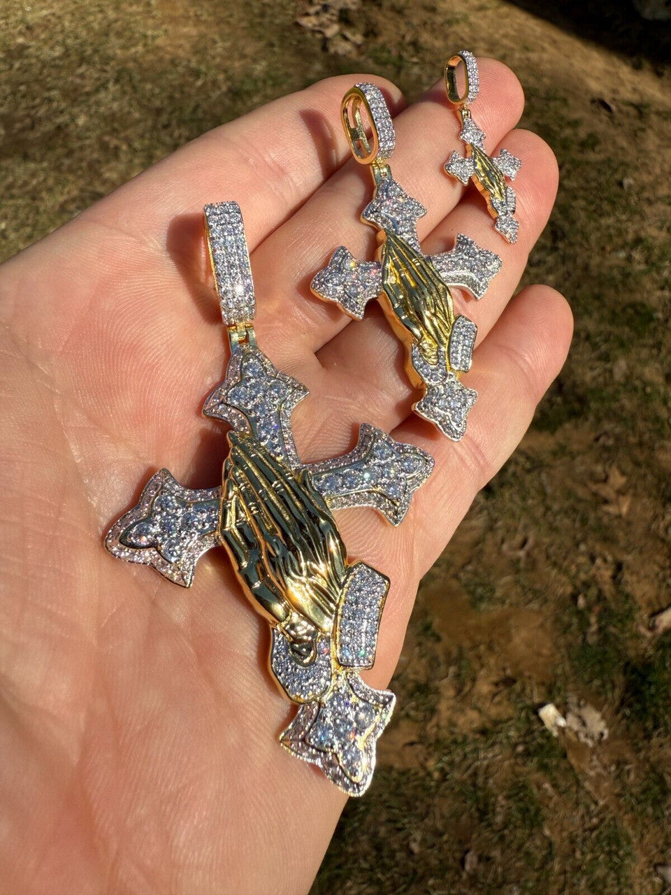 MOISSANITE Cross & Praying Hands Pendant - 14k Gold Vermeil 925 Silver - 3 Sizes 1.5"-3"