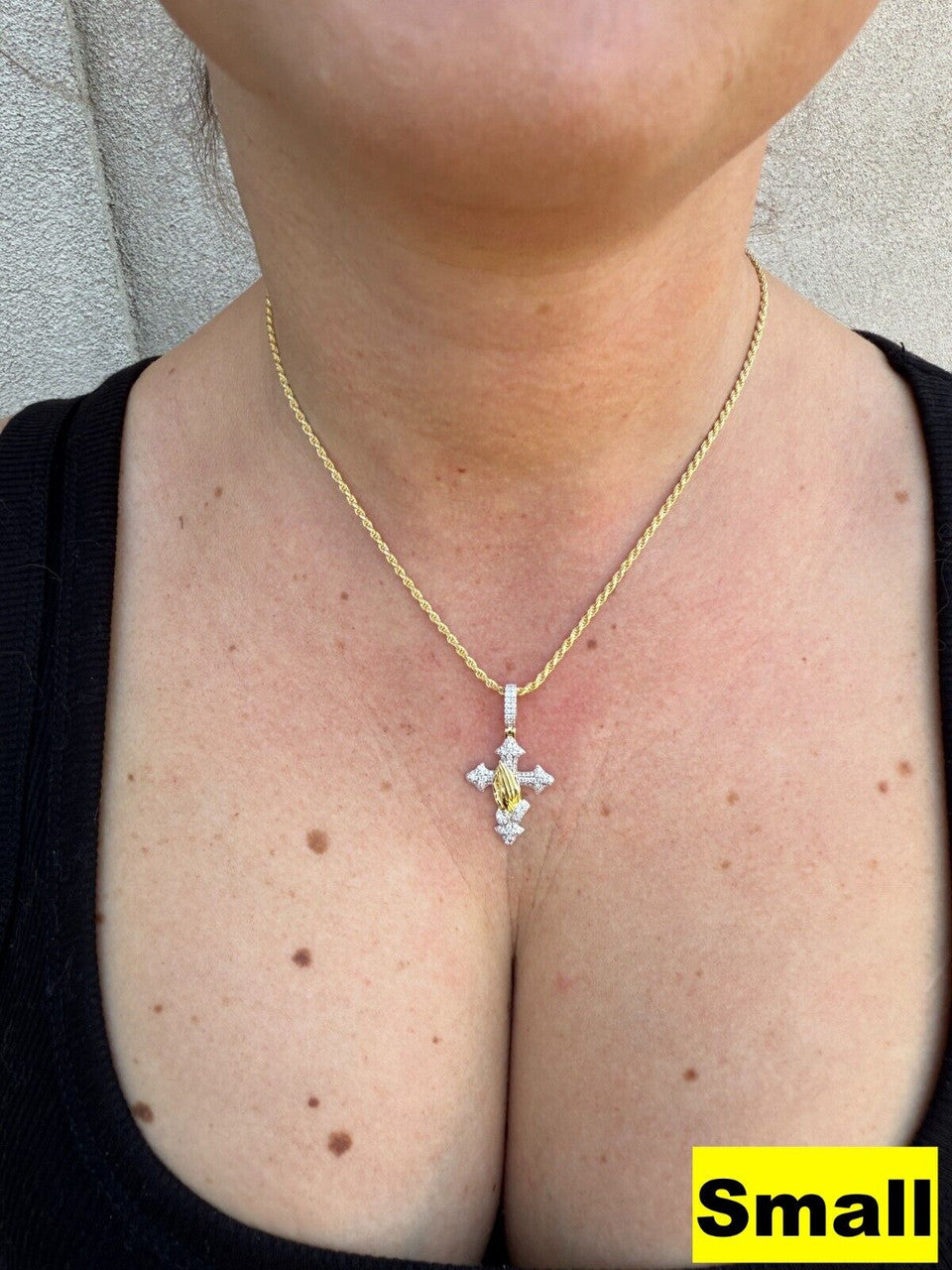 MOISSANITE Cross & Praying Hands Pendant - 14k Gold Vermeil 925 Silver - 3 Sizes 1.5"-3"