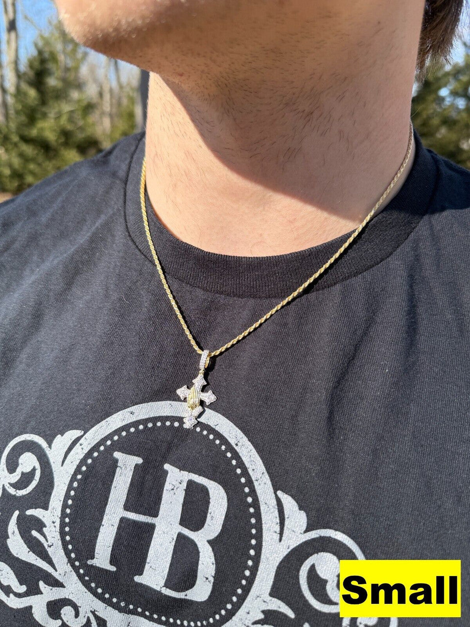 MOISSANITE Cross & Praying Hands Pendant - 14k Gold Vermeil 925 Silver - 3 Sizes 1.5"-3"