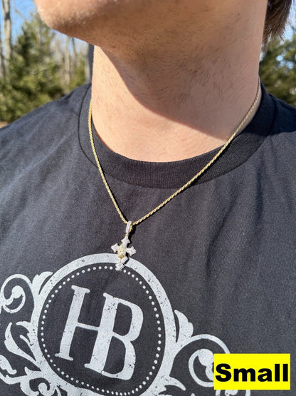 MOISSANITE Cross & Praying Hands Pendant - 14k Gold Vermeil 925 Silver - 3 Sizes 1.5"-3"