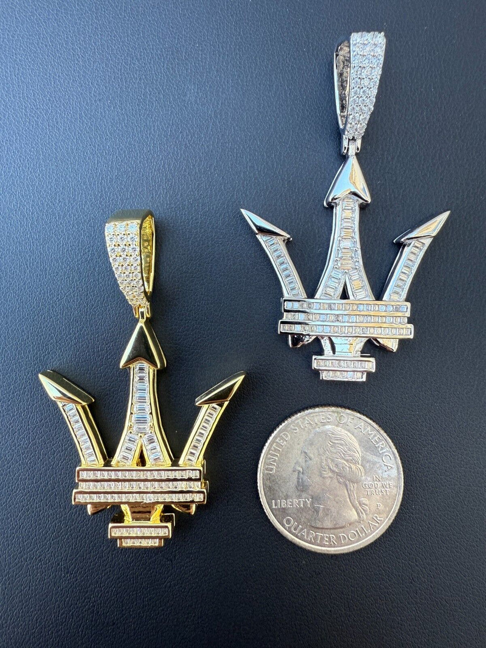 MOISSANITE Trident Maserati Logo Iced Out Pendant - 14k Gold Vermeil Or 925 Silver - Medium 2.25"