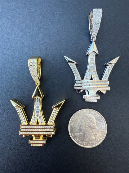 MOISSANITE Trident Maserati Logo Iced Out Pendant - 14k Gold Vermeil Or 925 Silver - Medium 2.25"
