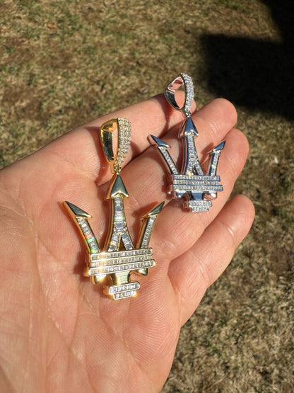 MOISSANITE Trident Maserati Logo Iced Out Pendant - 14k Gold Vermeil Or 925 Silver - Medium 2.25"