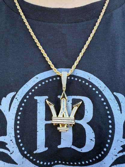 MOISSANITE Trident Maserati Logo Iced Out Pendant - 14k Gold Vermeil Or 925 Silver - Medium 2.25"