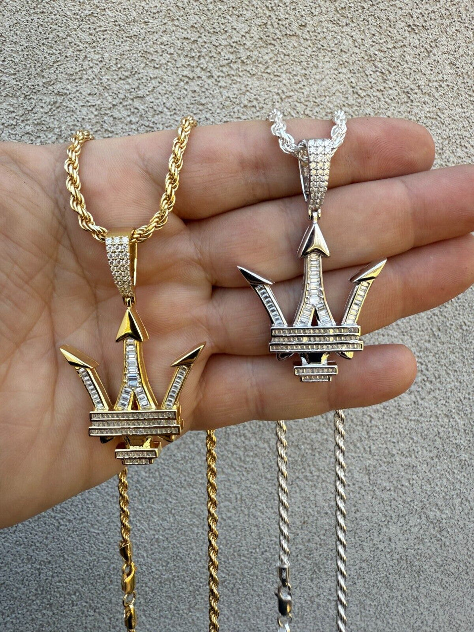 MOISSANITE Trident Maserati Logo Iced Out Pendant - 14k Gold Vermeil Or 925 Silver - Medium 2.25"