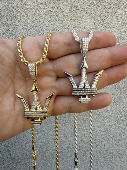 MOISSANITE Trident Maserati Logo Iced Out Pendant - 14k Gold Vermeil Or 925 Silver - Medium 2.25"