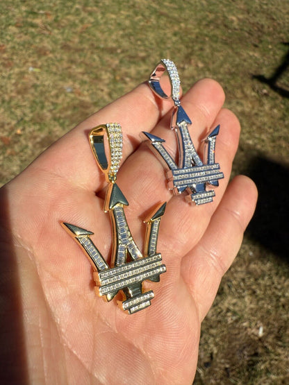 MOISSANITE Trident Maserati Logo Iced Out Pendant - 14k Gold Vermeil Or 925 Silver - Medium 2.25"