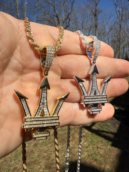 MOISSANITE Trident Maserati Logo Iced Out Pendant - 14k Gold Vermeil Or 925 Silver - Medium 2.25"