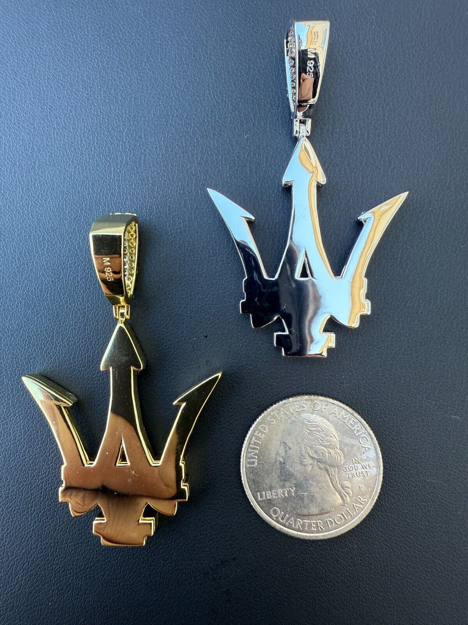 MOISSANITE Trident Maserati Logo Iced Out Pendant - 14k Gold Vermeil Or 925 Silver - Medium 2.25"