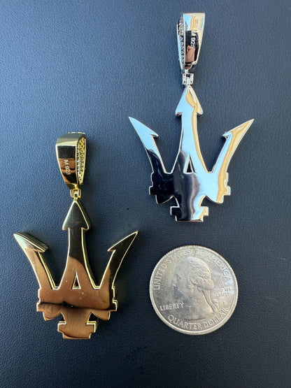 MOISSANITE Trident Maserati Logo Iced Out Pendant - 14k Gold Vermeil Or 925 Silver - Medium 2.25"