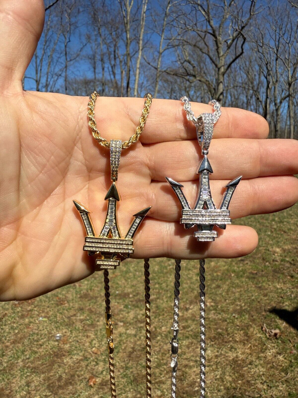 MOISSANITE Trident Maserati Logo Iced Out Pendant - 14k Gold Vermeil Or 925 Silver - Medium 2.25"