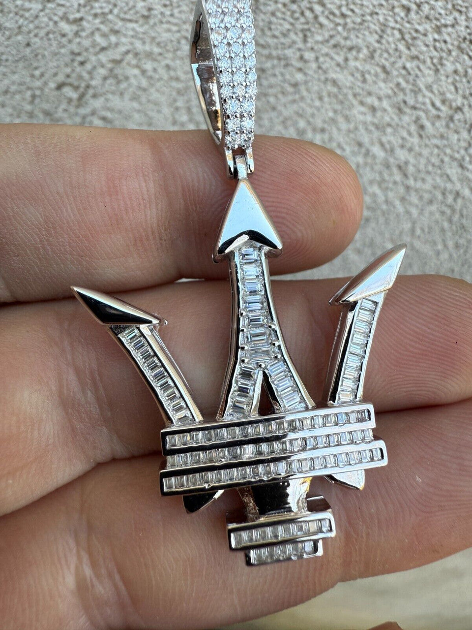 MOISSANITE Trident Maserati Logo Iced Out Pendant - 14k Gold Vermeil Or 925 Silver - Medium 2.25"
