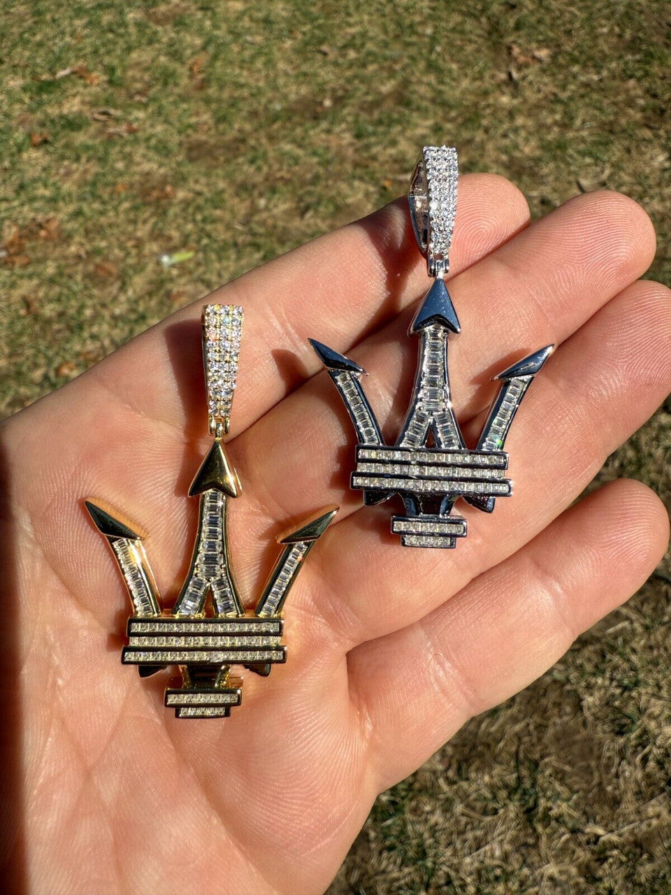 MOISSANITE Trident Maserati Logo Iced Out Pendant - 14k Gold Vermeil Or 925 Silver - Medium 2.25"