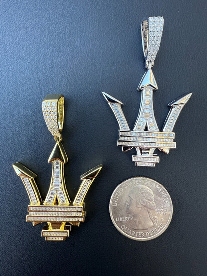 MOISSANITE Trident Maserati Logo Iced Out Pendant - 14k Gold Vermeil Or 925 Silver - Medium 2.25"