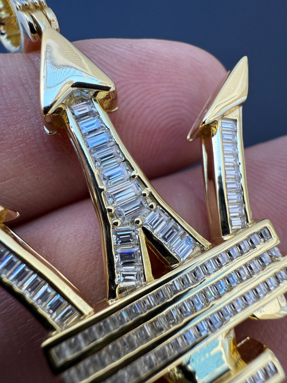 MOISSANITE Trident Maserati Logo Iced Out Pendant - 14k Gold Vermeil Or 925 Silver - Medium 2.25"