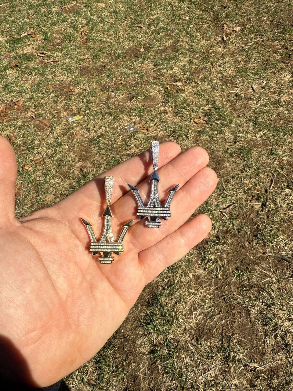 MOISSANITE Trident Maserati Logo Iced Out Pendant - 14k Gold Vermeil Or 925 Silver - Medium 2.25"