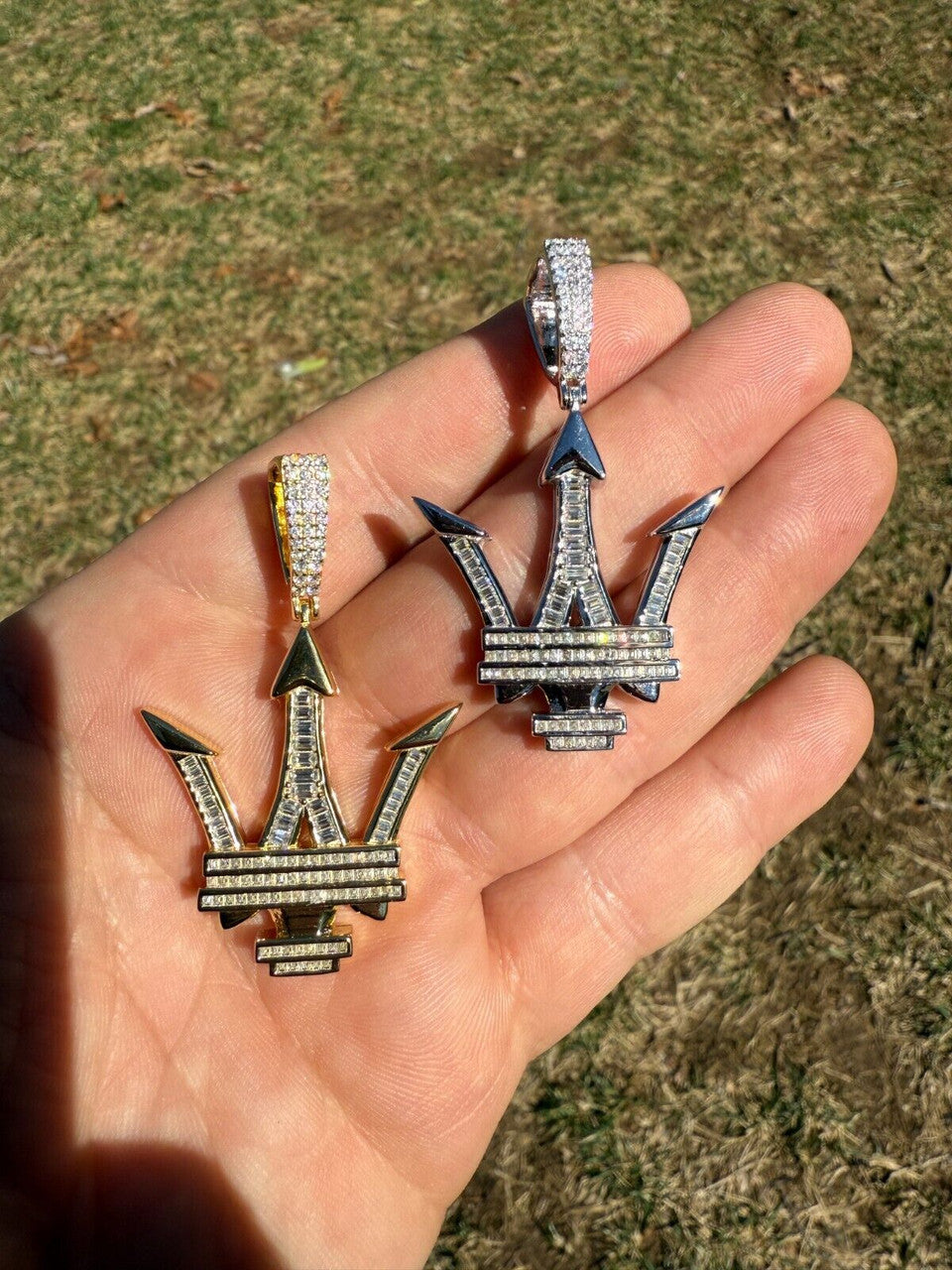 MOISSANITE Trident Maserati Logo Iced Out Pendant - 14k Gold Vermeil Or 925 Silver - Medium 2.25"