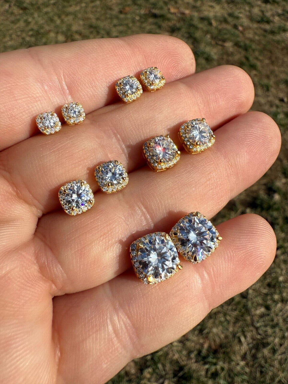 MOISSANITE Iced Out #1 Bestseller Square Halo Set Stud Earrings - 14k Gold Vermeil 925 Silver - 5mm -10mm