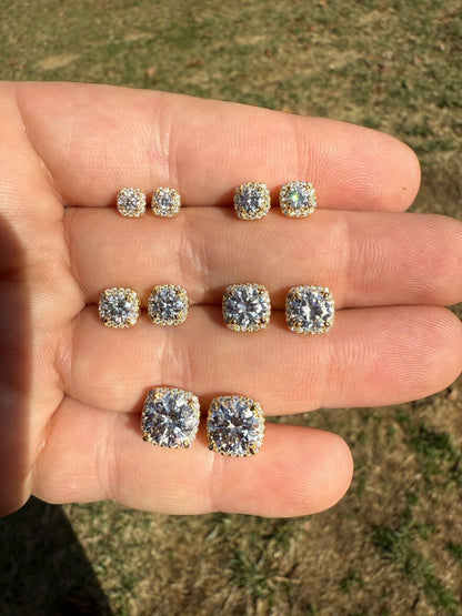 MOISSANITE Iced Out #1 Bestseller Square Halo Set Stud Earrings - 14k Gold Vermeil 925 Silver - 5mm -10mm