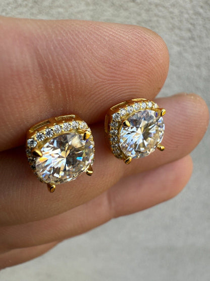 MOISSANITE Iced Out #1 Bestseller Square Halo Set Stud Earrings - 14k Gold Vermeil 925 Silver - 5mm -10mm