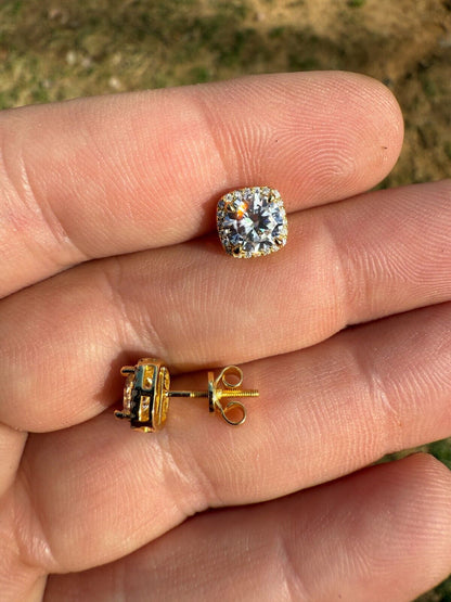 MOISSANITE Iced Out #1 Bestseller Square Halo Set Stud Earrings - 14k Gold Vermeil 925 Silver - 5mm -10mm