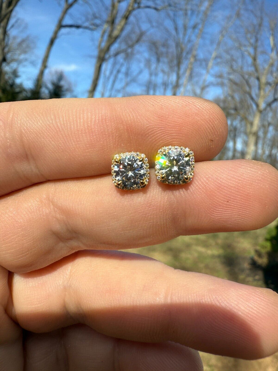 MOISSANITE Iced Out #1 Bestseller Square Halo Set Stud Earrings - 14k Gold Vermeil 925 Silver - 5mm -10mm