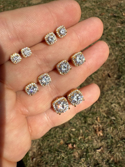 MOISSANITE Iced Out #1 Bestseller Square Halo Set Stud Earrings - 14k Gold Vermeil 925 Silver - 5mm -10mm
