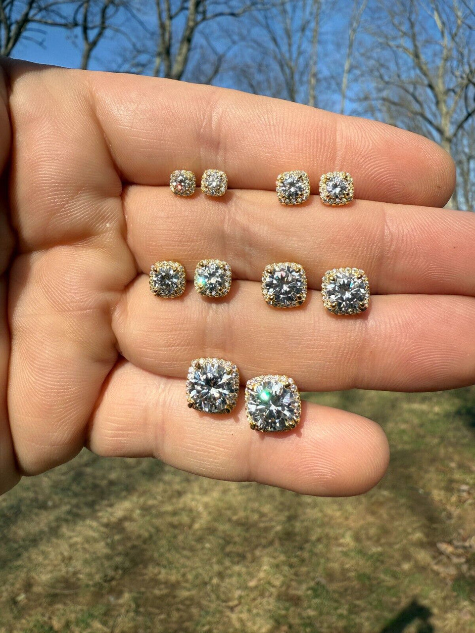 MOISSANITE Iced Out #1 Bestseller Square Halo Set Stud Earrings - 14k Gold Vermeil 925 Silver - 5mm -10mm