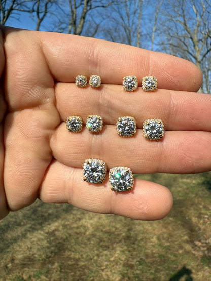 MOISSANITE Iced Out #1 Bestseller Square Halo Set Stud Earrings - 14k Gold Vermeil 925 Silver - 5mm -10mm