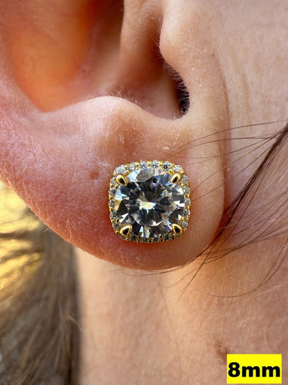 MOISSANITE Iced Out #1 Bestseller Square Halo Set Stud Earrings - 14k Gold Vermeil 925 Silver - 5mm -10mm