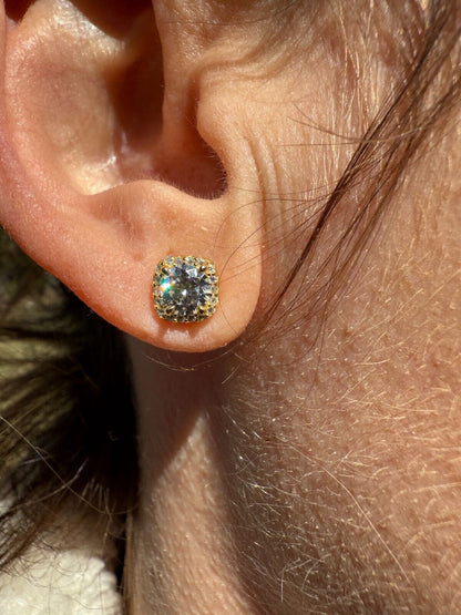 MOISSANITE Iced Out #1 Bestseller Square Halo Set Stud Earrings - 14k Gold Vermeil 925 Silver - 5mm -10mm