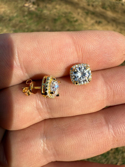 MOISSANITE Iced Out #1 Bestseller Square Halo Set Stud Earrings - 14k Gold Vermeil 925 Silver - 5mm -10mm