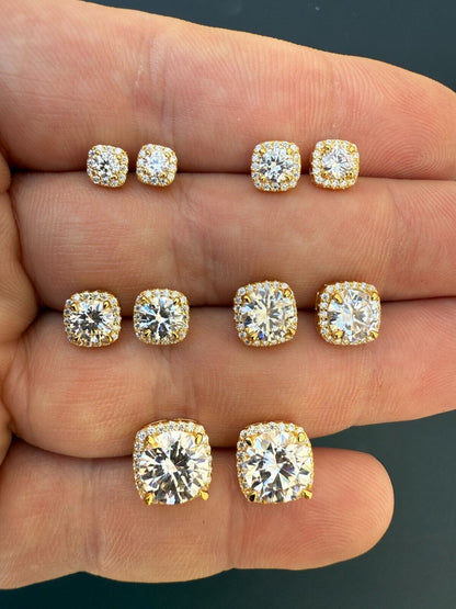 MOISSANITE Iced Out #1 Bestseller Square Halo Set Stud Earrings - 14k Gold Vermeil 925 Silver - 5mm -10mm
