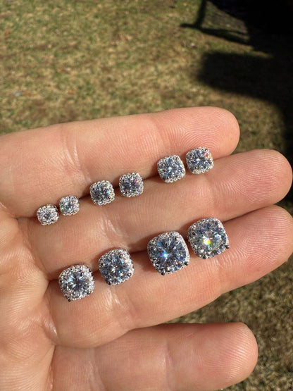 MOISSANITE Iced Out #1 Bestseller Square Halo Set Stud Earrings - 925 Silver - 5mm -10mm