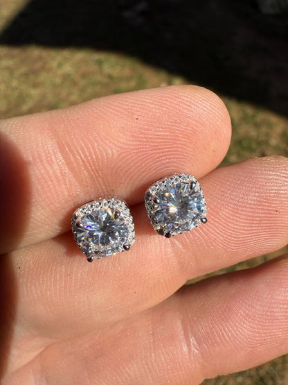 MOISSANITE Iced Out #1 Bestseller Square Halo Set Stud Earrings - 925 Silver - 5mm -10mm
