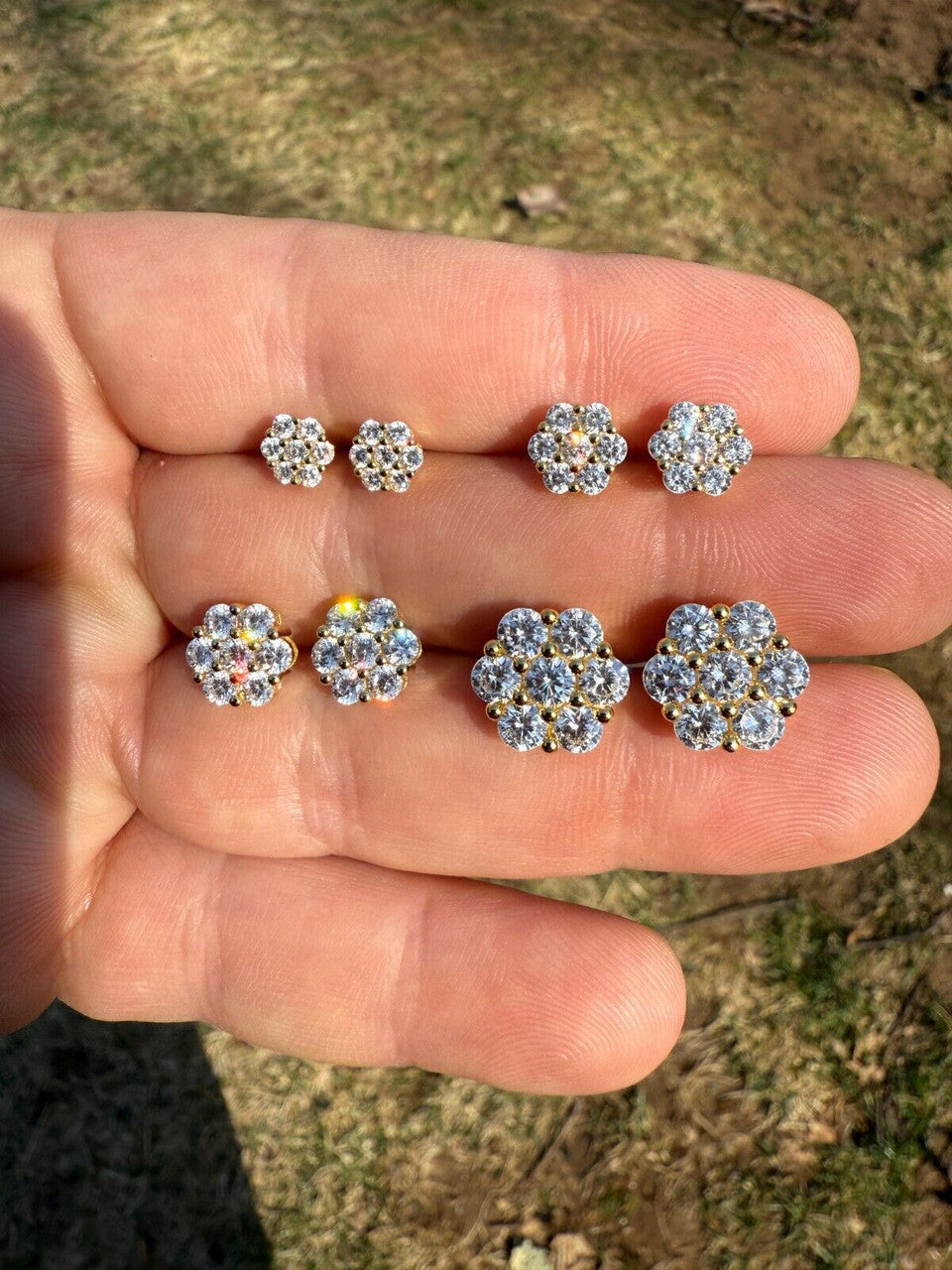 Cluster Flower Set Earrings Real 14k Gold Over 925 Silver 6-12mm Iced CZ Stones