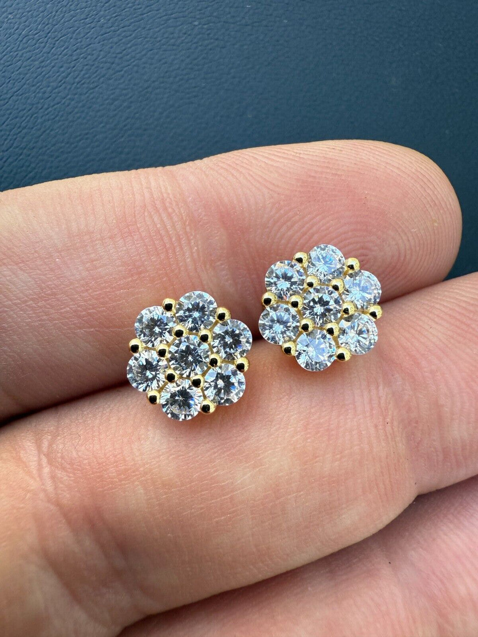 Cluster Flower Set Earrings Real 14k Gold Over 925 Silver 6-12mm Iced CZ Stones