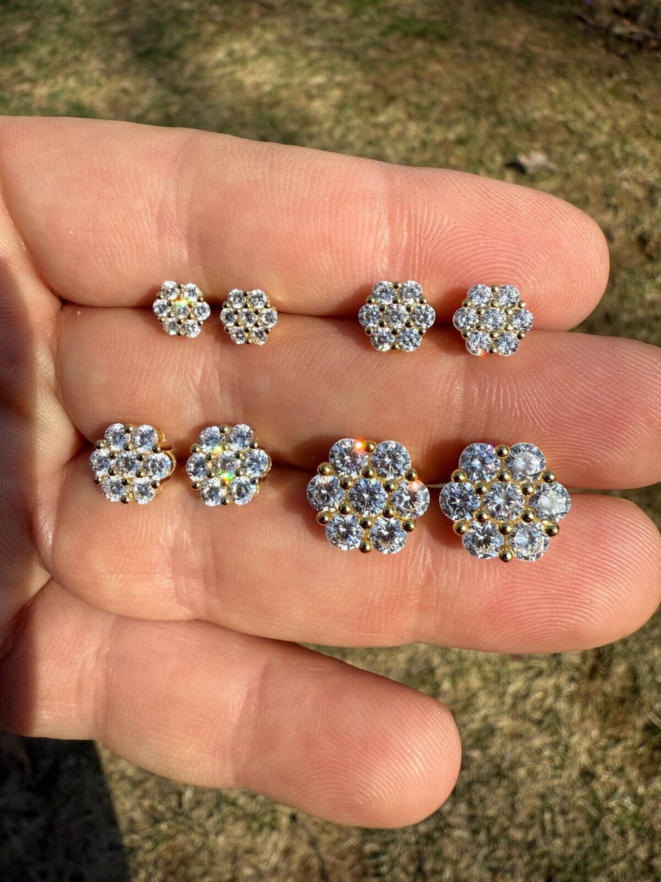 Cluster Flower Set Earrings Real 14k Gold Over 925 Silver 6-12mm Iced CZ Stones