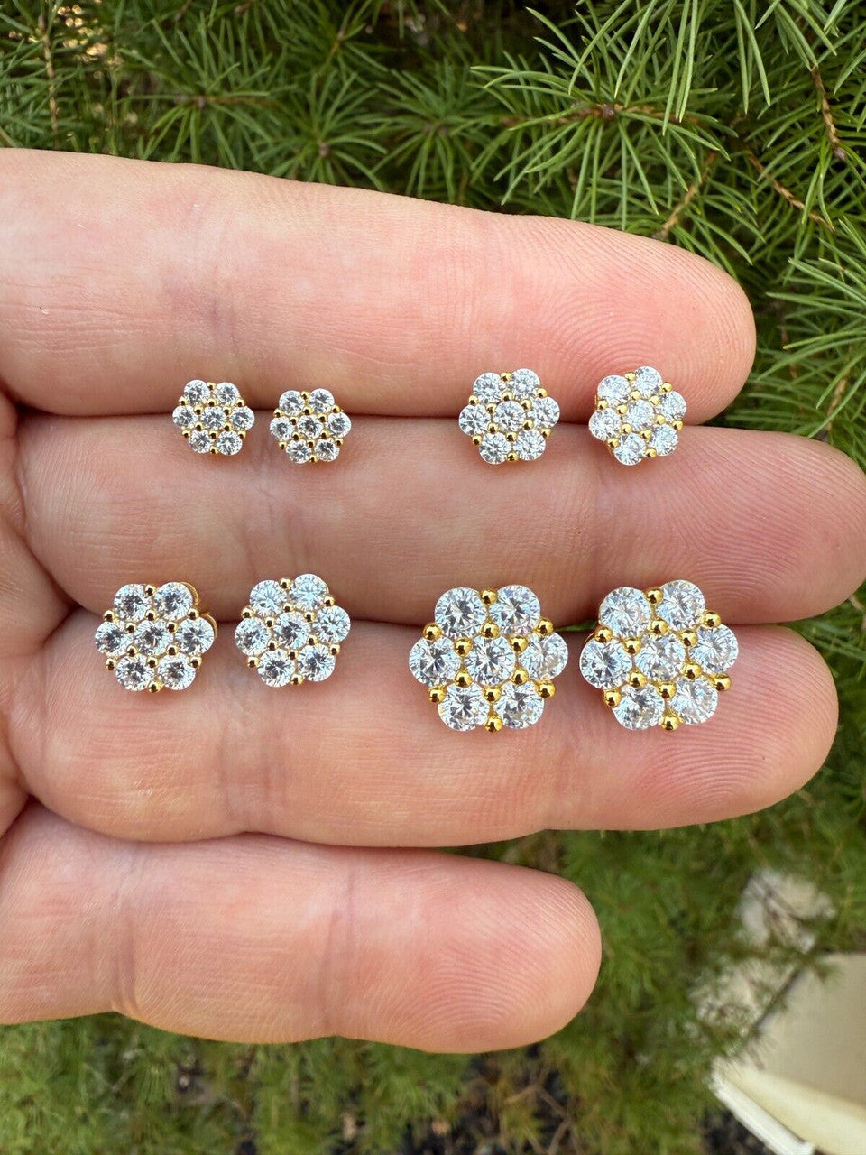 Cluster Flower Set Earrings Real 14k Gold Over 925 Silver 6-12mm Iced CZ Stones
