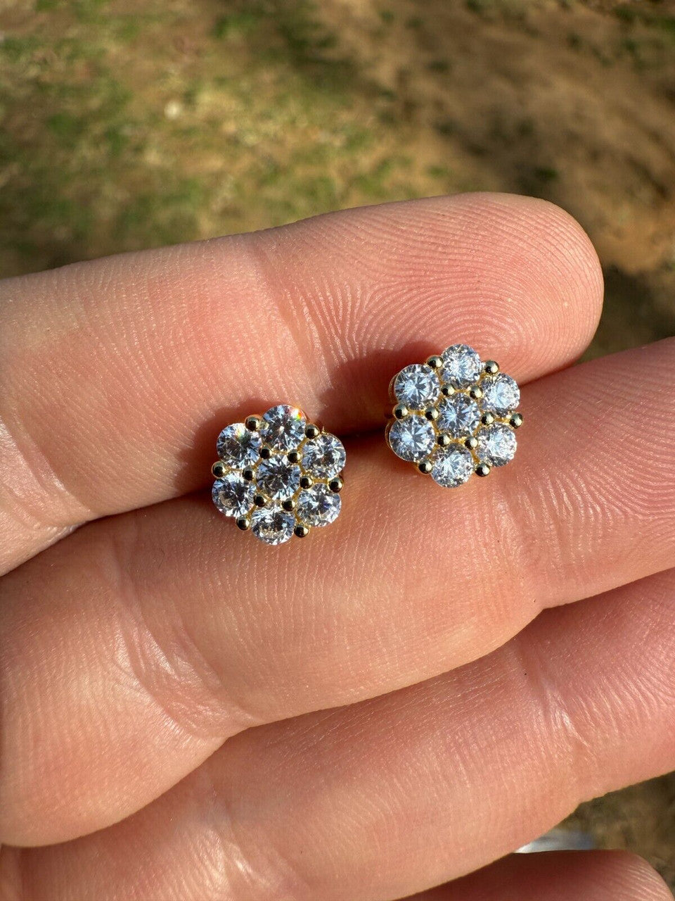 Cluster Flower Set Earrings Real 14k Gold Over 925 Silver 6-12mm Iced CZ Stones