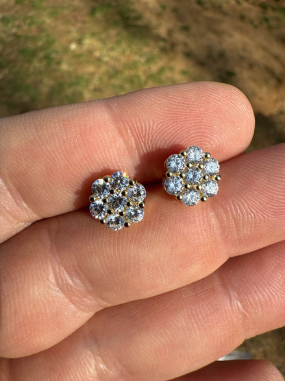 Cluster Flower Set Earrings Real 14k Gold Over 925 Silver 6-12mm Iced CZ Stones