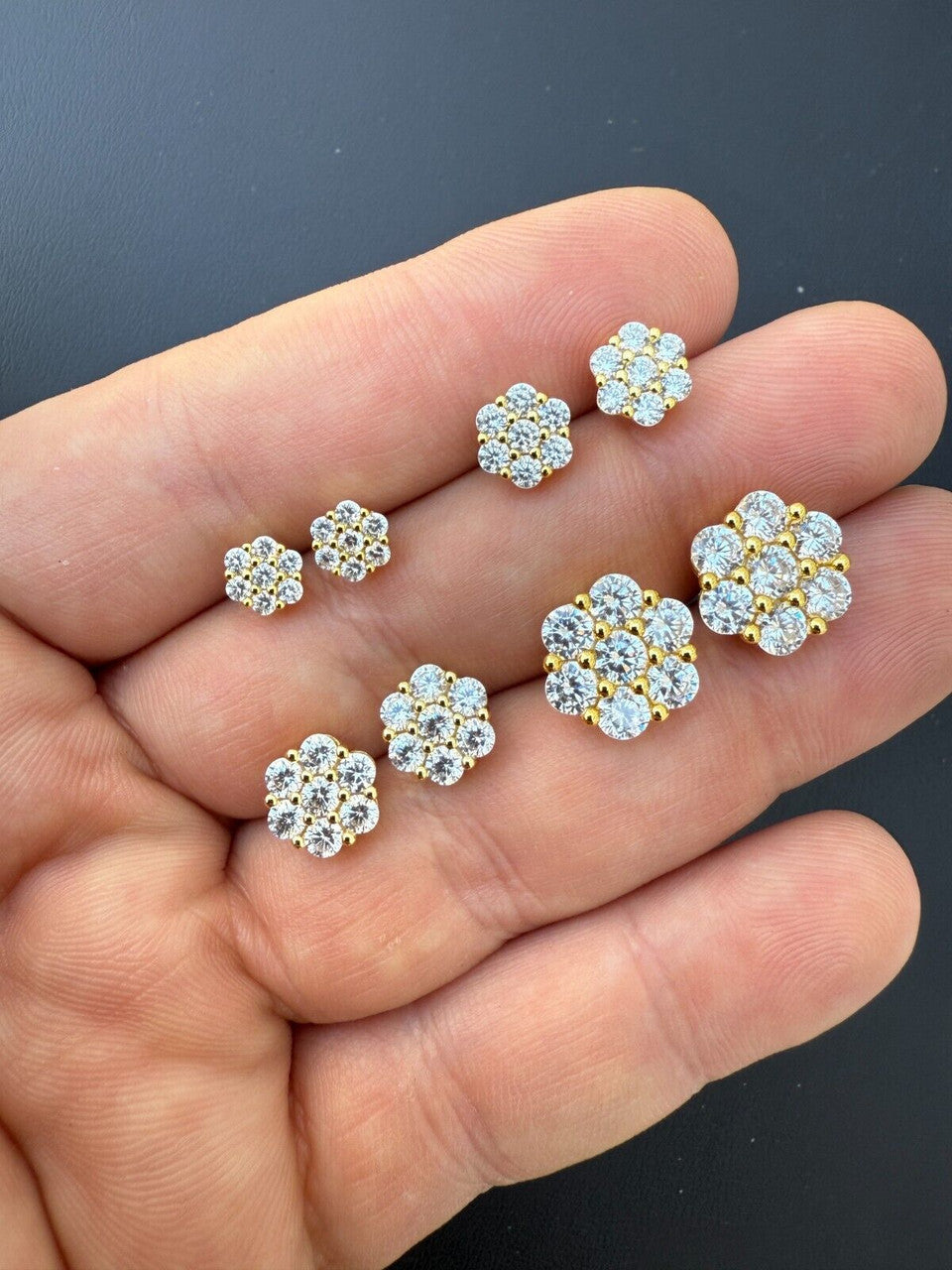 Cluster Flower Set Earrings Real 14k Gold Over 925 Silver 6-12mm Iced CZ Stones