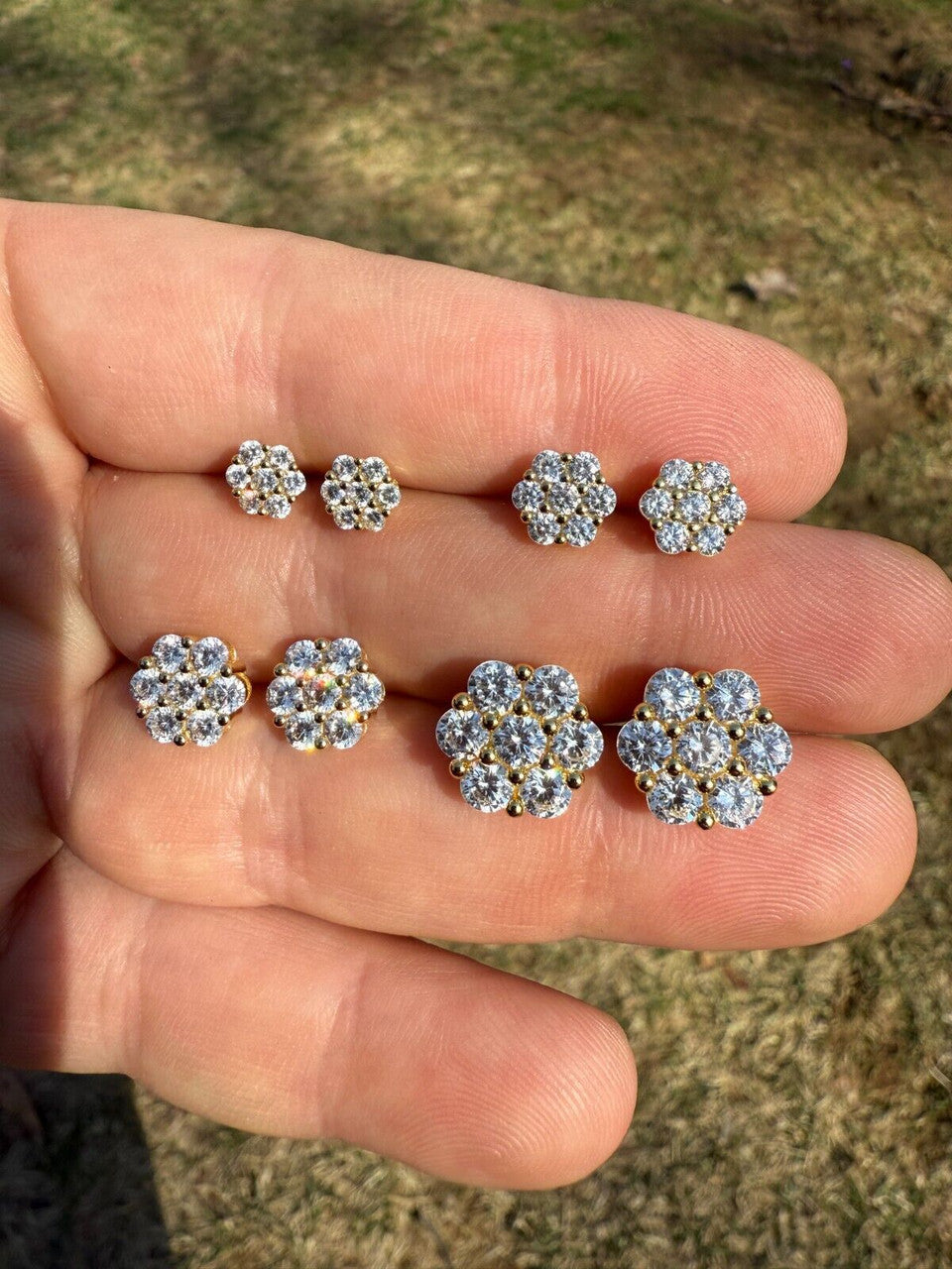 Cluster Flower Set Earrings Real 14k Gold Over 925 Silver 6-12mm Iced CZ Stones