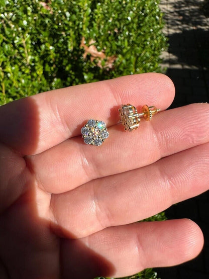 Cluster Flower Set Earrings Real 14k Gold Over 925 Silver 6-12mm Iced CZ Stones