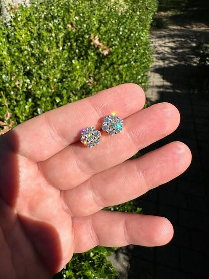 Cluster Flower Set Earrings Real 14k Gold Over 925 Silver 6-12mm Iced CZ Stones