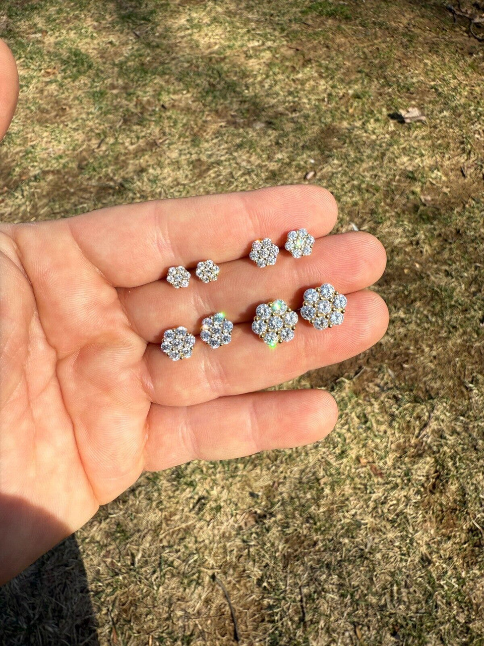 Cluster Flower Set Earrings Real 14k Gold Over 925 Silver 6-12mm Iced CZ Stones