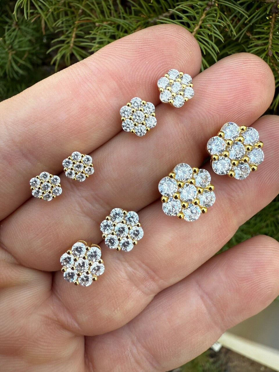 Cluster Flower Set Earrings Real 14k Gold Over 925 Silver 6-12mm Iced CZ Stones