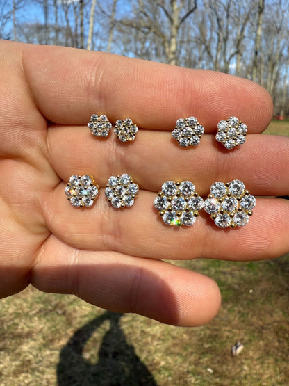 Cluster Flower Set Earrings Real 14k Gold Over 925 Silver 6-12mm Iced CZ Stones