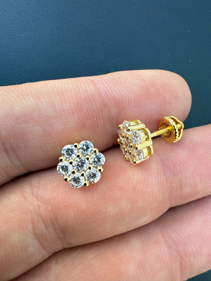 Cluster Flower Set Earrings Real 14k Gold Over 925 Silver 6-12mm Iced CZ Stones
